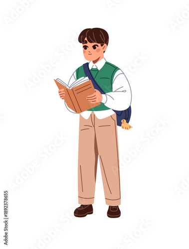 Happy student reads paper book. Cute little boy holds textbook and studies. Kid in uniform and with schoolbag is learning school literature. Flat isolated vector illustration on white background