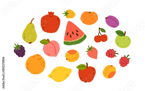 A colorful assortment of fruits including watermelon, apples, oranges, and berries. Concept of abundance and freshness, with the various fruits