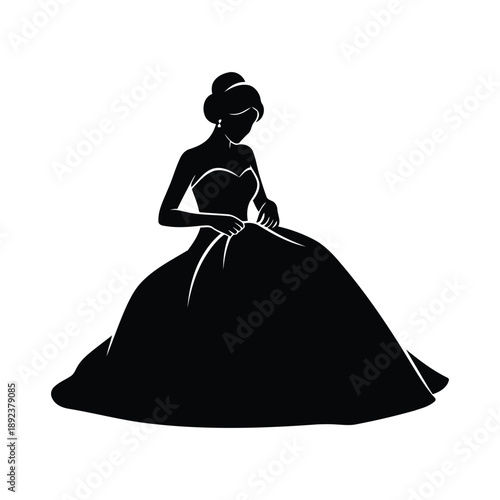 Silhouette of a bride in a flowing ball gown, exuding elegance and grace in a seated pose.