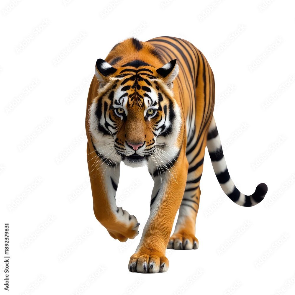 Obraz premium A tiger walks across a white surface, isolated and focused