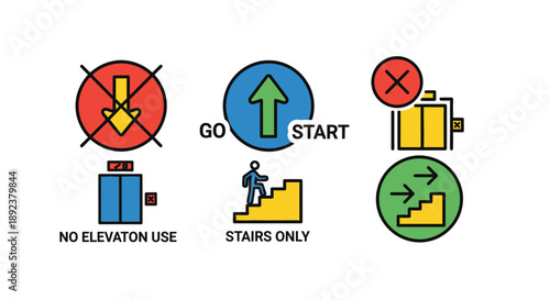 Set of stylized informational icons clearly indicating mandatory stair use and prohibition of elevator operation for safety or health guidelines