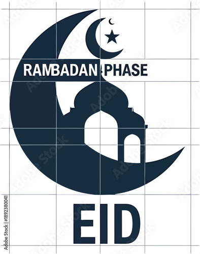 Ramadan phase and Eid typography with mosque and moon star illustration