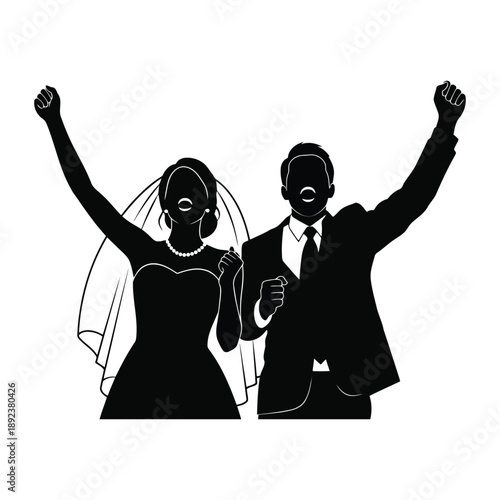 Joyful silhouette of a bride and groom with raised arms in celebration, symbolizing triumph and happiness.