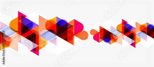 Abstract geometric shapes overlap creating vibrant colorful pattern. Minimalist design with translucent elements, modern aesthetic.