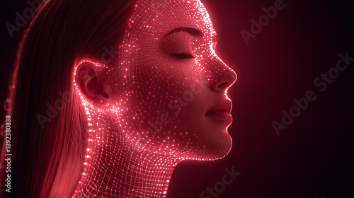 Futuristic portrait of a woman in contemplation exploring existence self-discovery and the meaning of life through glowing digital light