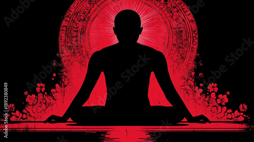 Silhouette meditating before a radiant mandala symbolizing existence self-discovery and meaning of life in spiritual mindfulness and inner peace