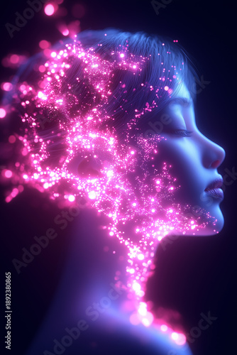 Abstract female profile glowing with cosmic particles symbolizing existence self-discovery and meaning of life