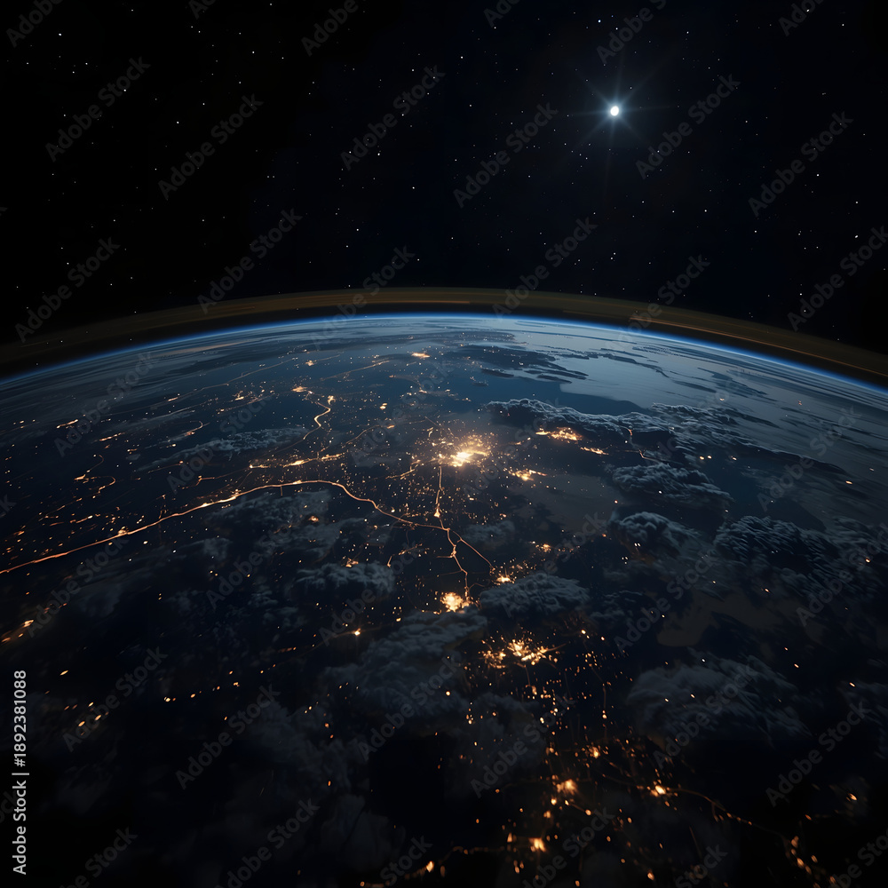 Obraz premium Earth at night from orbit Golden city lights form vast networks across dark continents Clouds drift below A bright solitary star illuminates the boundless cosmic expanse