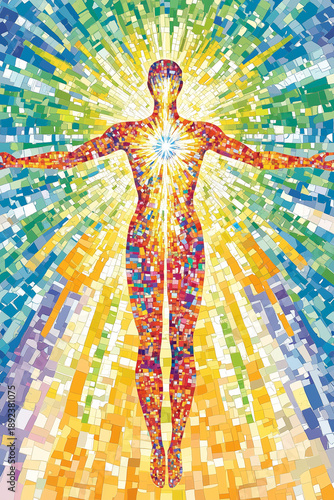 Abstract human figure with radiant heart light symbolizing existence self-discovery and meaning of life