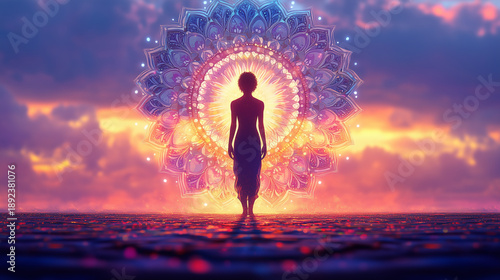 Silhouette walking toward radiant mandala sunrise symbolizing existence self-discovery and meaning of life