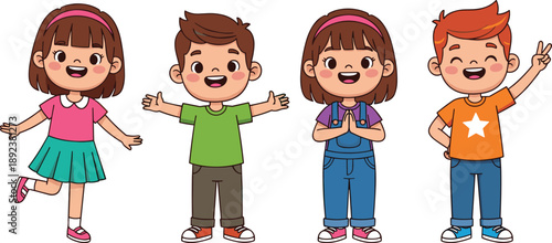Cute kids cartoon characters set, happy boys and girls gestures, smiling children, colorful flat vector illustration design