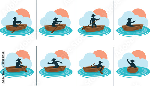 Man rowing wooden boat on water, multiple action poses, flat vector illustration set, fishing, adventure, outdoor lifestyle scene
