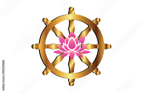 Golden Buddhist Dharmachakra Wheel with Lotus Flower Vector Illustration for Buddhism Religion Spiritual and Zen Design