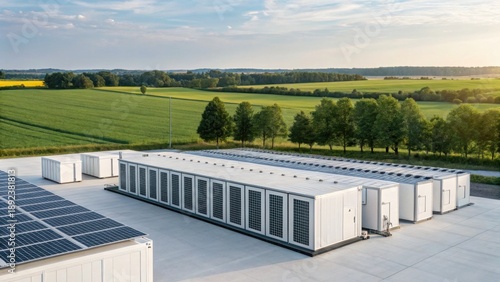 A modern solar energy facility featuring large battery storage units, surrounded by lush green fields under a clear sky.
