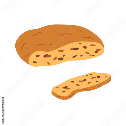 Vector illustration of freshly baked Irish Sweet Bread Spotted Dog, Railway Cake with raisins. Whole loaf and one cut slice. Cartoon hand drawn style. Isolated on white background. For menu design