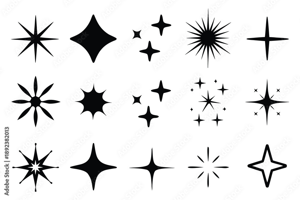 Obraz premium Collection of different vector sparkling stars icon, decorative twinkle and bursts forms, abstract shining flash symbols