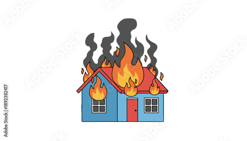 A burning one-story house. Cartoon, mockup, footage, isolated on a transparent background.