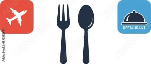 Traveling for Dining: Airplane, Restaurant, and Cutlery Icons for Culinary Travel