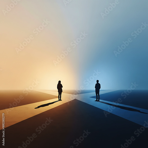 Businessman and Woman at Crossroads Cinematic Style for Career Decision, weight of business decisions, career choices, and the diverse paths available in professional leadership and strategic planning