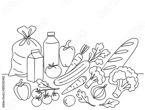 line sketch set of products vegetables from the store laid out on the table on white background