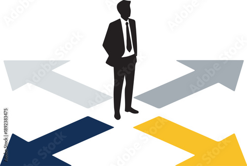 Businessman at Crossroads Flat Vector for Career Decision Making, represents career choices, strategic business decisions, and leadership challenges.