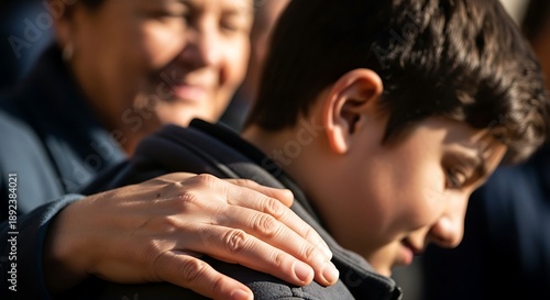 Close-up of a Gentle Hand Offering Comfort and Emotional Support to a Young Boy's Shoulder, Symbolizing Empathy and Care from an Adult