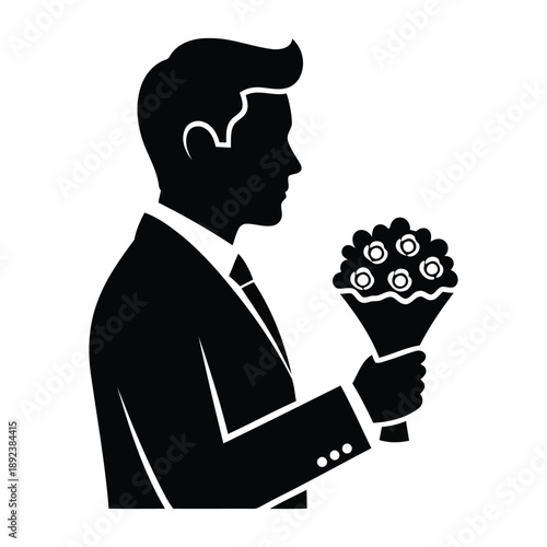 Man with Bouquet Silhouette - Wedding Proposal or Gift Icon