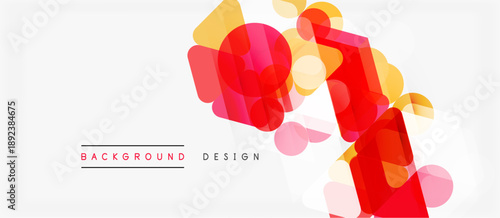 Abstract geometric shapes overlap, creating vibrant color composition. Red, yellow hues dominate white space. Modern design element.