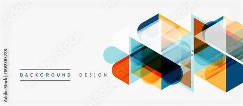 Abstract geometric shapes overlap, creating vibrant color blocks. Modern design elements suggest innovation, technology, visual harmony.