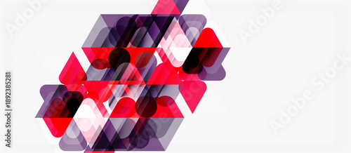 Abstract geometric composition. Overlapping shapes, circles, squares create complex visual texture. Pink, purple hues dominate design.