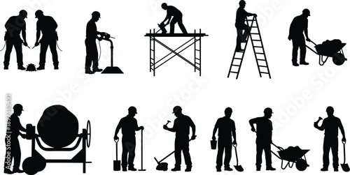 Construction worker silhouettes set, labor men working with tools, building industry activities, industrial job collection, black figures isolated background