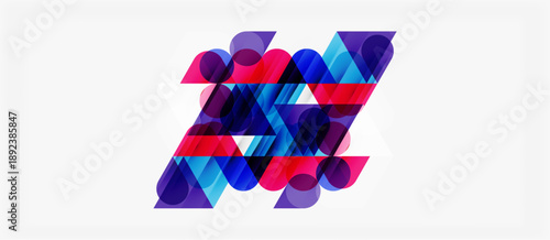 Abstract geometric composition. Overlapping shapes create dynamic visual effect. Purple, blue, pink hues dominate design. Modern aesthetic.