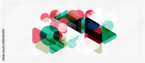 Abstract composition. Overlapping shapes, circles, triangles, squares. Soft colors, green, pink, blue hues. Modern design element.