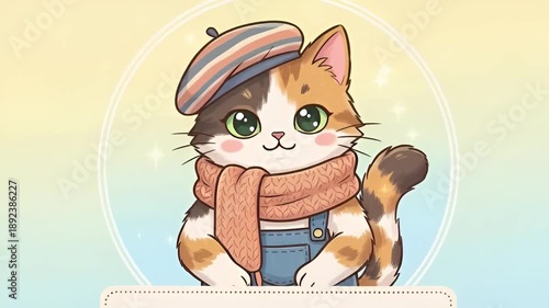 Cute cat illustration character with scarf and hat, cute cat illustration character for kids design, cute cat illustration character cartoon mascot, kawaii character design,

kids branding mascot