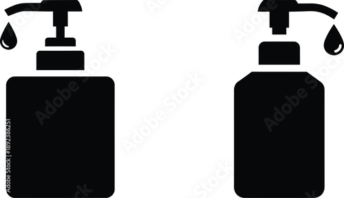 Set of two black icons of soap dispenser pump bottles with liquid drops