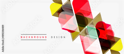 Abstract geometric shapes overlap, creating vibrant colorful design. Minimalist style with transparency effects, modern background element.