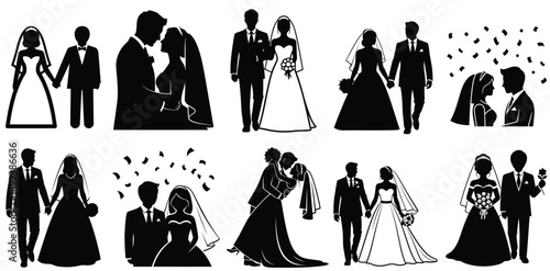 Collection of stylish black silhouette wedding couples in diverse romantic and celebratory poses.