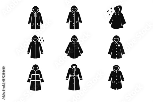 Raincoat Icon Set Silhouette for Rainy Season and Weather Protection