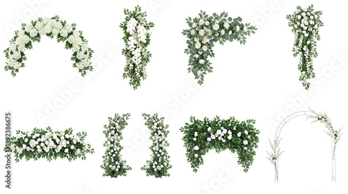 White floral wedding arrangement set including arches, swags, garlands, and sprays isolated. Elegant ceremony and event decor collection.