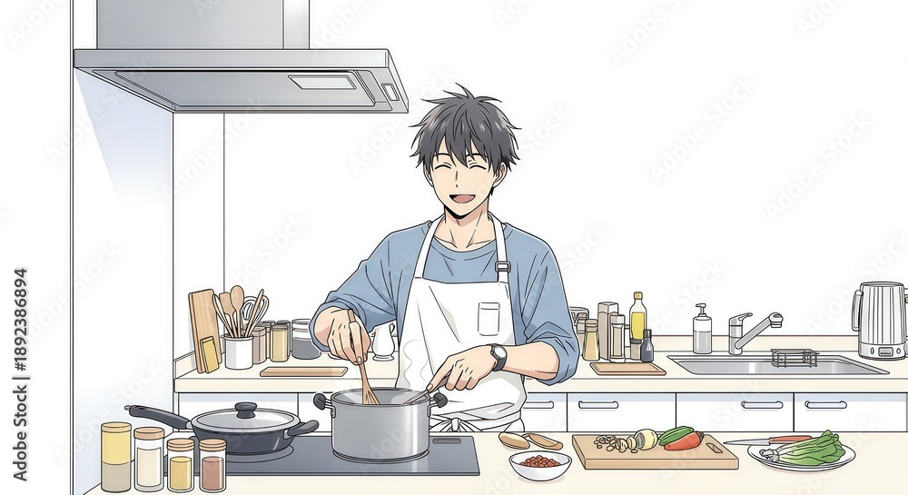 Obraz premium Anime style illustration of a happy young man cooking in a modern kitchen