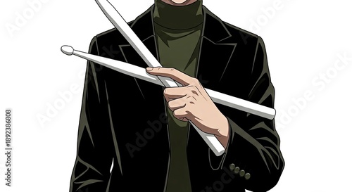 Young musician holding drumsticks while wearing a black blazer  