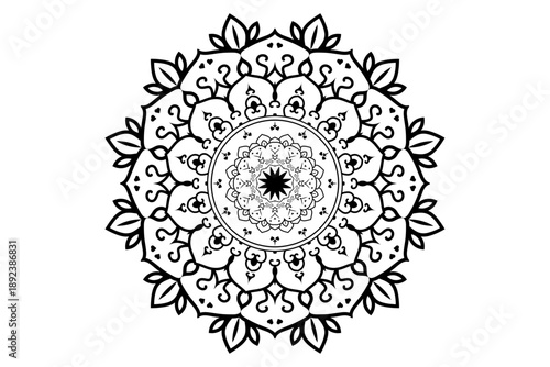 Intricate black and white mandala design featuring floral and geometric patterns radiating from the center