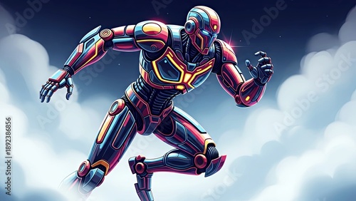 Futuristic robotic figure running through clouds in a dynamic pose  