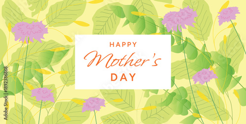 Happy Mothers Day greeting card with hand drawn flowers and green leaves on soft yellow background, floral botanical illustration for mothers day womens day 8 march. Greeting card, banner