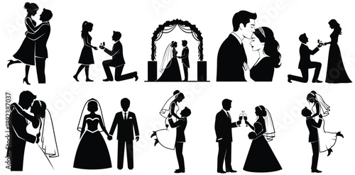 Set of black silhouette wedding couples, showing proposals, embraces, and celebration moments.
