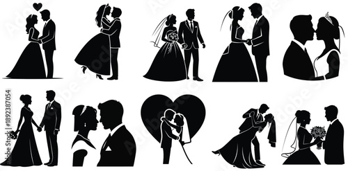 Diverse silhouettes of loving wedding couples in tender and joyful moments, ideal for wedding designs.