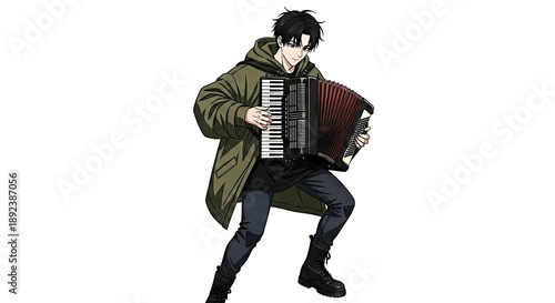 Young man playing accordion while standing in casual outfit  