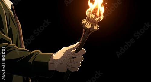 Man holding a burning torch in a dark environment  