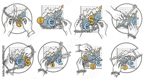Set of eight handdrawn illustrations depicting financial concepts with currency and charts.