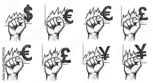 Fists holding currency symbols with rising stock charts.